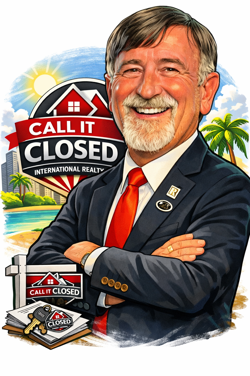 Illustrated portrait of Alan Aylesworth with Call It Closed branding
